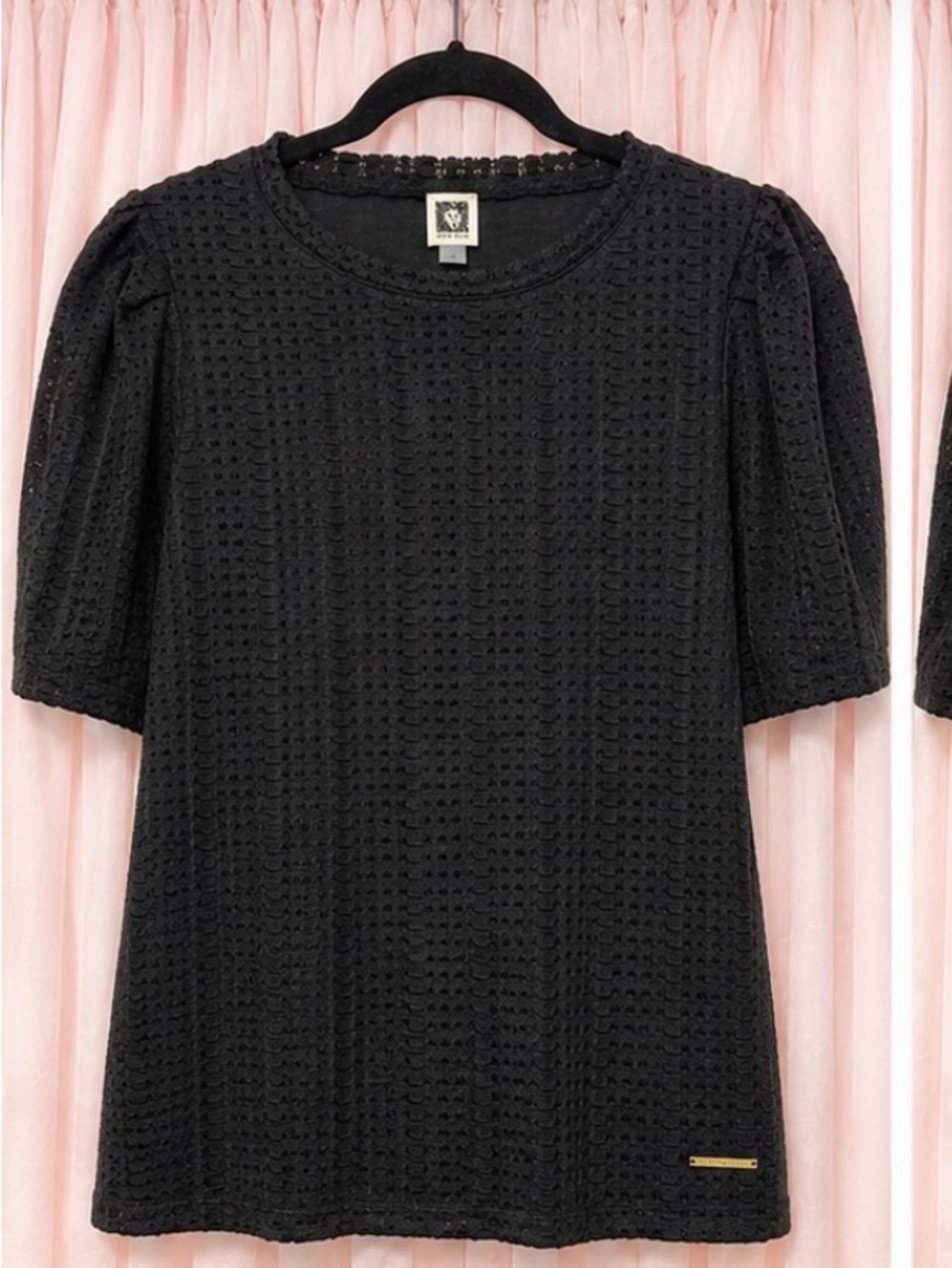 Anne Klein Black Eyelet Short Sleeve Knit Top